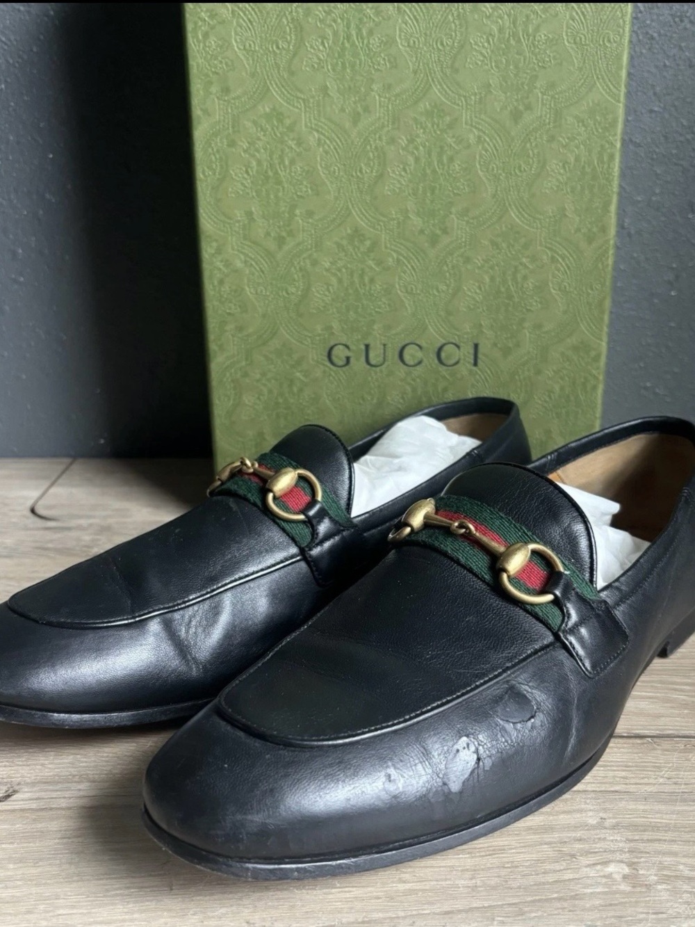 Authentic GUCCI Black Leather Horsebit Jordaan Loafers Size US 9